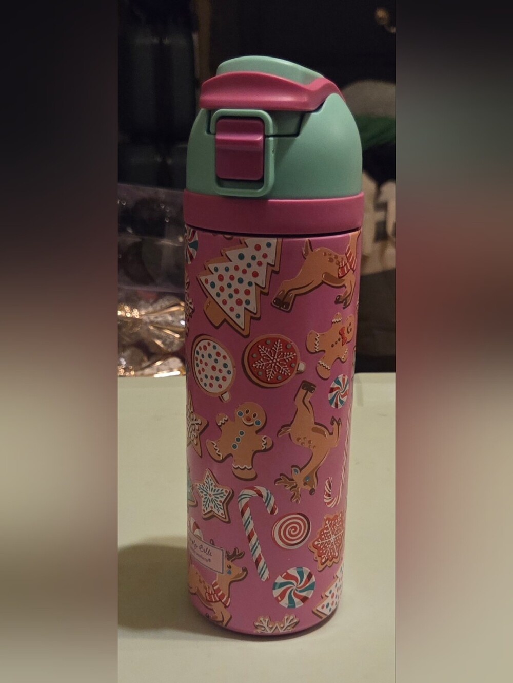 24oz Pink Holiday Cookie Print Stainless Travel Bottle by